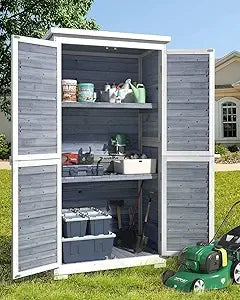 Vertical Tall Wooden Garden Storage Cabinet with 3 Shelves, Double Lock and Waterproof Roof.