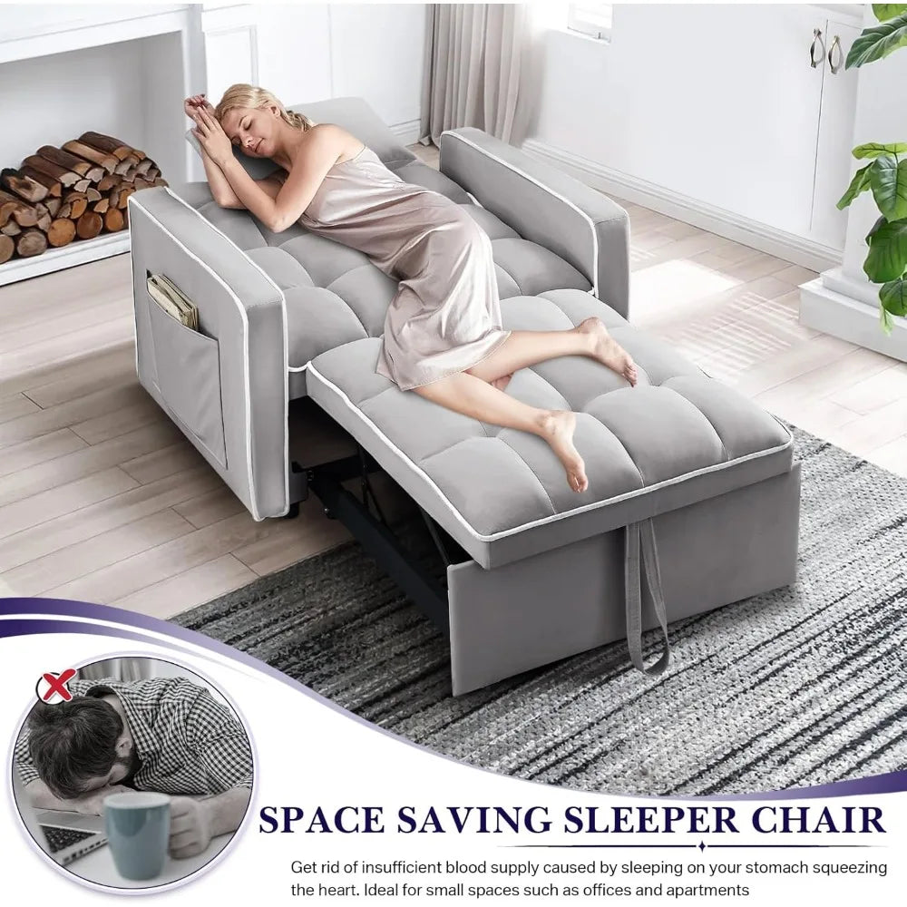 3 in 1 Modern Velvet Pull Out Convertible Small Tufted Single Sleeper Chair Bed,  with Adjustable Backrest.