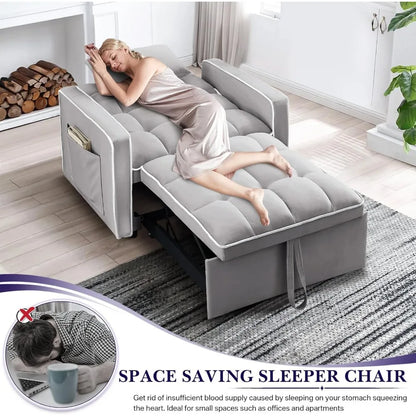 3 in 1 Modern Velvet Pull Out Convertible Small Tufted Single Sleeper Chair Bed,  with Adjustable Backrest.