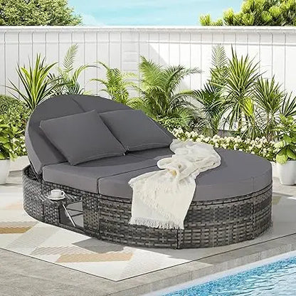 Outdoor Round Patio Daybed, Rattan Sun Bed with Adjustable Backrests and Foldable Cup Trays, Reclining Outdoor Lounger with Cus