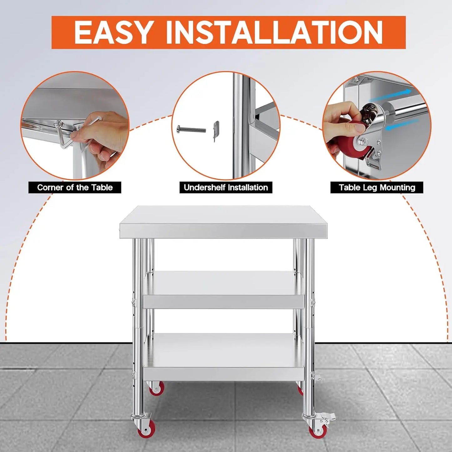 22x36in Stainless Steel Prep Table with NSF Certified Metal Surface , Adjustable Undershelf, Includes Casters& Hooks