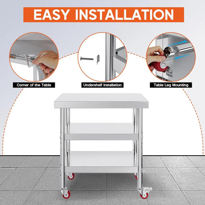 22x36in Stainless Steel Prep Table with NSF Certified Metal Surface , Adjustable Undershelf, Includes Casters& Hooks