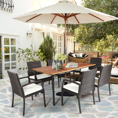 7PCS Rattan Patio Dining Set Wooden Chairs, Table Top W/Umbrella Hole