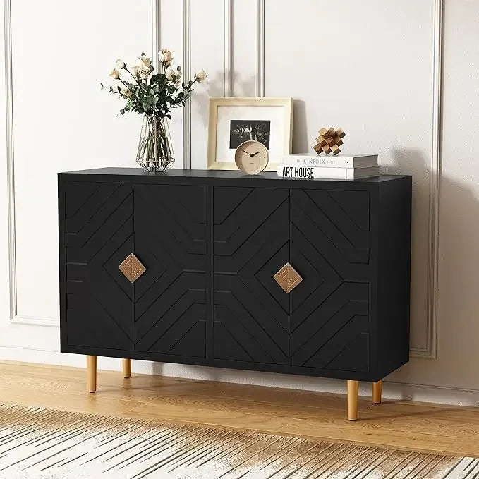 48" Accent Cabinet with 4 Doors and Shelves, Modern Sideboard Buffet Cabinet with Decorative Embossed Pattern Doors
