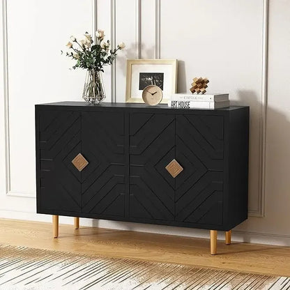 48" Accent Cabinet with 4 Doors and Shelves, Modern Sideboard Buffet Cabinet with Decorative Embossed Pattern Doors