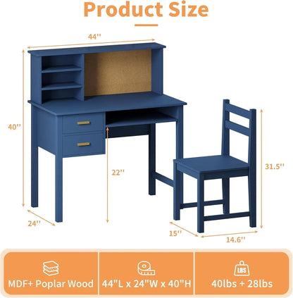 Kids Desk and Chair Set, Wooden Children Study Table with Hutch/Drawer & Bulletin Board, Student Study Desks Computer Desk Art D