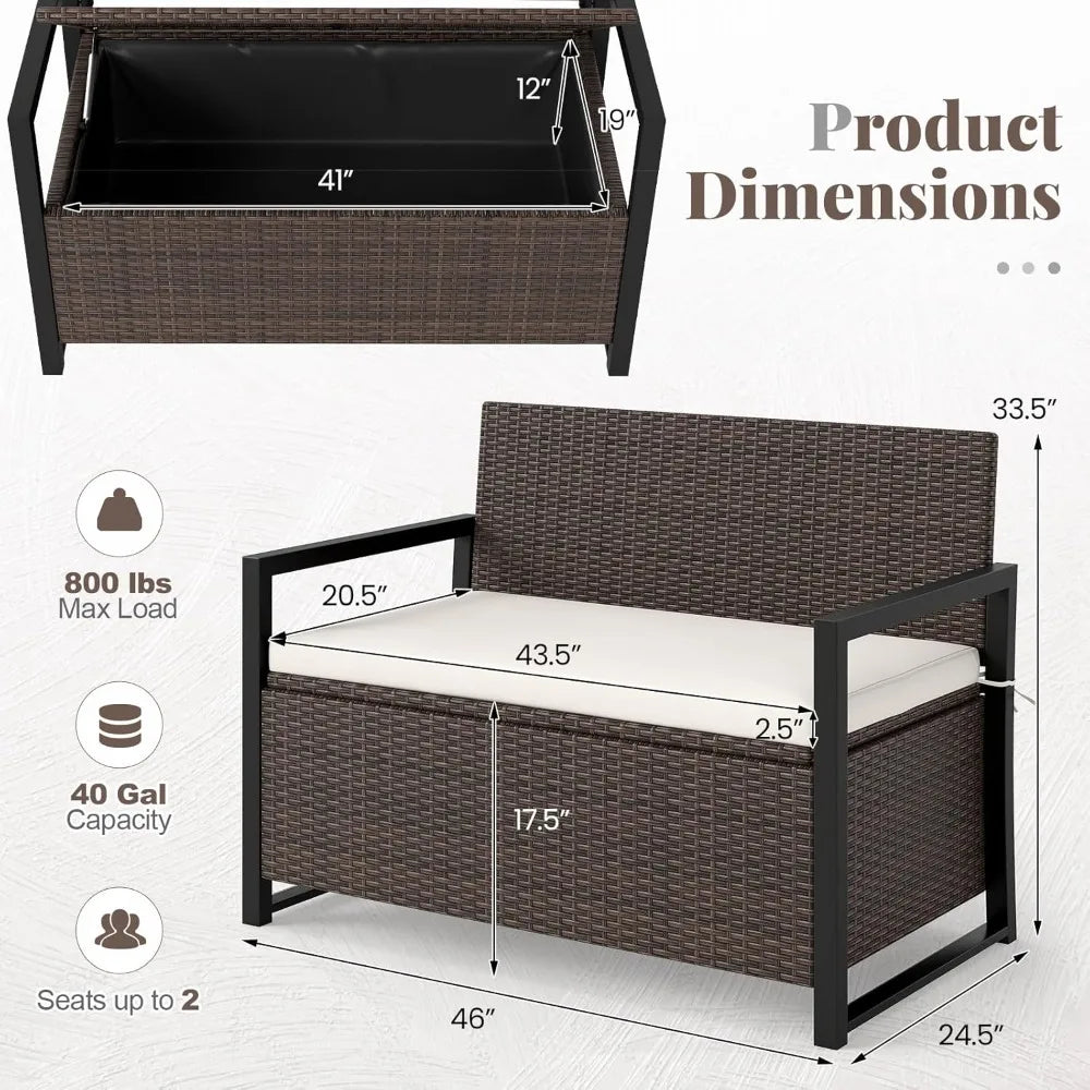 40 Gallon Patio Wicker Metal Frame Storage Bench with Cushion and Cover for backyard.