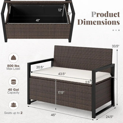 40 Gallon Patio Wicker Metal Frame Storage Bench with Cushion and Cover for backyard.