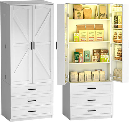 72" LED Farmhouse Tall Storage 3 Drawers Wood Food Pantry with Barn Doors
