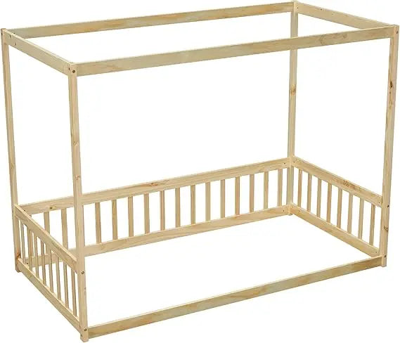King Size Low Canopy Bed Frame with Support Legs, Solid Wood and Wooden Slats