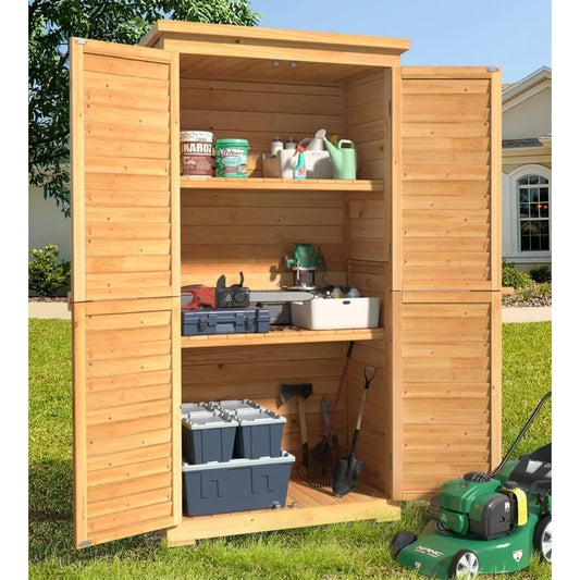 Vertical Tall Wooden Garden Storage Cabinet with 3 Shelves, Double Lock and Waterproof Roof.