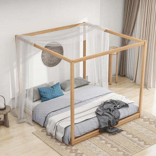 King Size Low Canopy Bed Frame with Support Legs, Solid Wood and Wooden Slats
