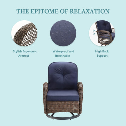 3 Pieces Outdoor Rotating Rocking Chair Patio Bistro Set with Cozy and Padded Cushions.