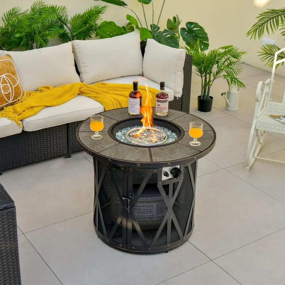 32 inch round 30,000 BTU Propane Gas Fire Pit with fire glasses & PVC  cover and ceramic tile