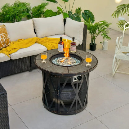 32 inch round 30,000 BTU Propane Gas Fire Pit with fire glasses & PVC  cover and ceramic tile