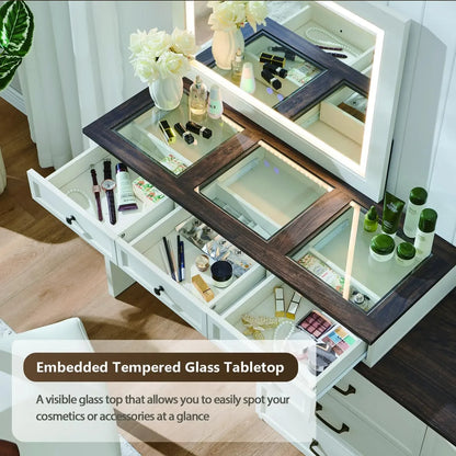 Farmhouse 69" W Big Vanity Desk with Glass Top, Makeup Table, 9 Large Storage Drawers and Color Available Light ,White