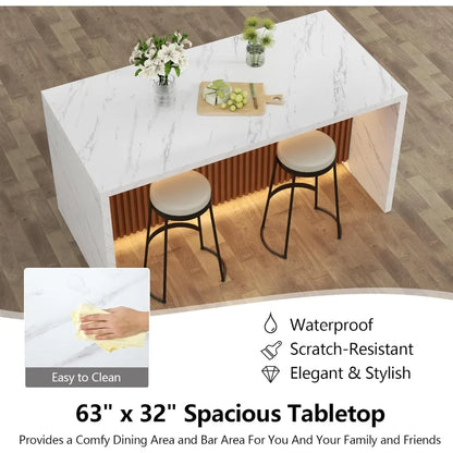 Modern 63" Large Imitation Marble Stripes Island Dining Table for 4-6 People LED Lights
