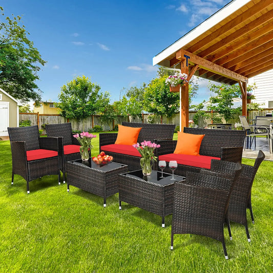 8PCS Weather and Sun Proof Rattan Patio Conversation Set w/ Red Cushion
