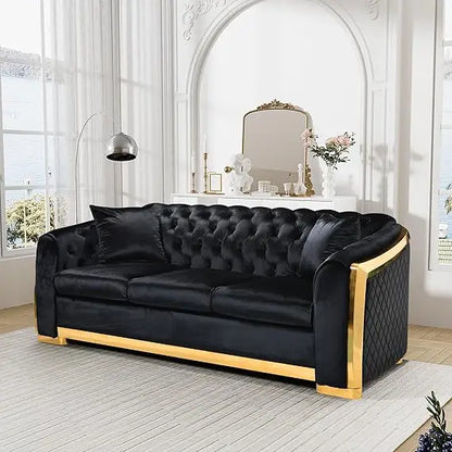 81" 3 Seater Modern Mid Century Velvet Chesterfield Blue and Gold Luxury Curved Loveseat and Sofa Couch for Living Room