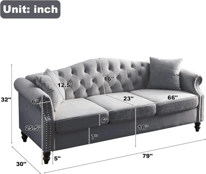 Chesterfield Classic Design Velvet Sofa Set 3-Seater and Loveseat with Pillows and Rolled Arms Nail head Trim for Living Room