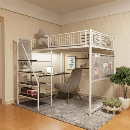 Heavy Duty Metal Loft Bed Full Sze Frame with Staircase, Built-in Charging Station and LED Lighting for Bedroom