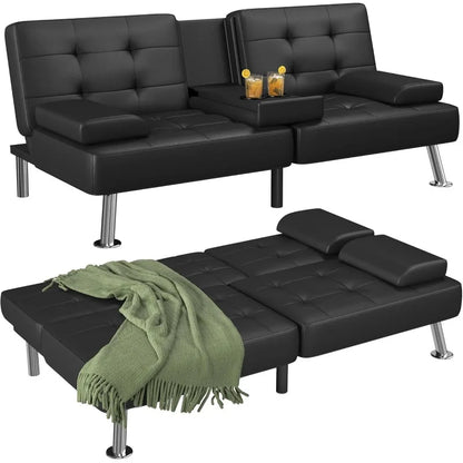 Modern Folding Convertible Recliner Futon Sofa Bed Set for Living Room with 2Cup Holders and Removable Armrests