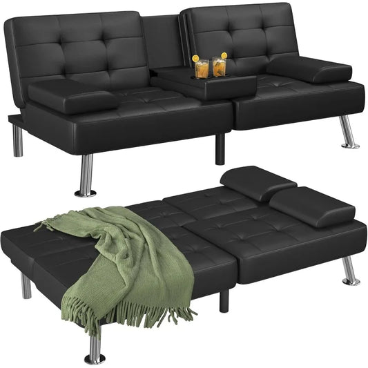 Modern Folding Convertible Recliner Futon Sofa Bed Set for Living Room with 2Cup Holders and Removable Armrests