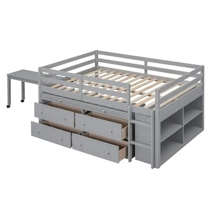 Children's Modern Full Size Wooden Loft Bed with Desk and Storage Drawers