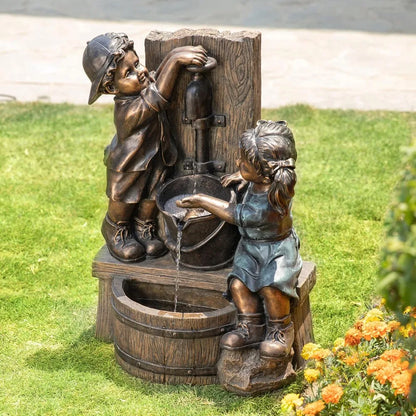 Water Fountain with LED Light, Children Playing with Faucet Waterfall Fountains, Antique Bronze Resin Boy and Girl Statues.