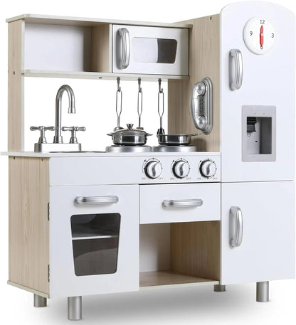 Kids Ages 3+ Wooden Play Kitchen Set  with Lights, Sounds, Stove, and Microwave included Coffee Maker