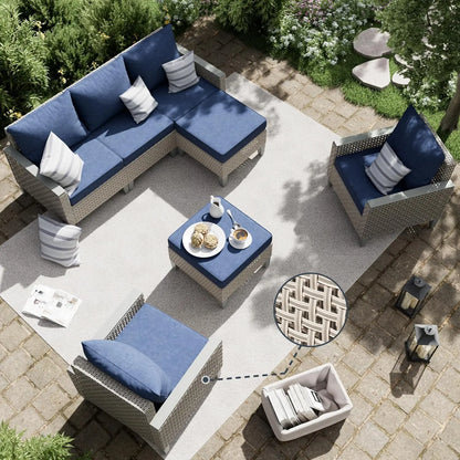 7 Piece Modern Rattan Modular Wicker Outdoor Sectional Sofa with Ottomans and Thick Cushions
