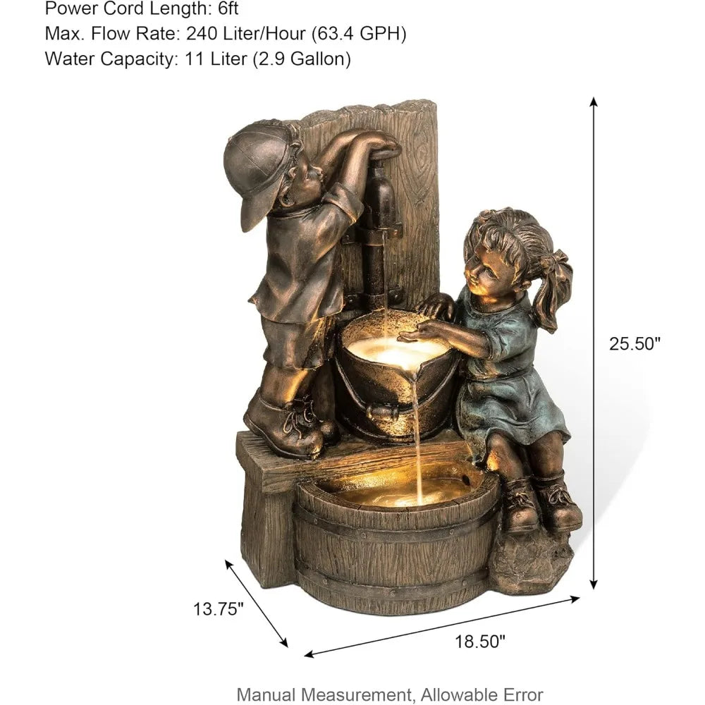 Water Fountain with LED Light, Children Playing with Faucet Waterfall Fountains, Antique Bronze Resin Boy and Girl Statues.