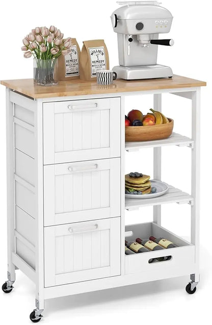 Kitchen Island Utility Lockable Cart on Wheels w/Storage, Rubber Wood Top, 2 Removable Shelves & Removable Tray, 3 Drawers