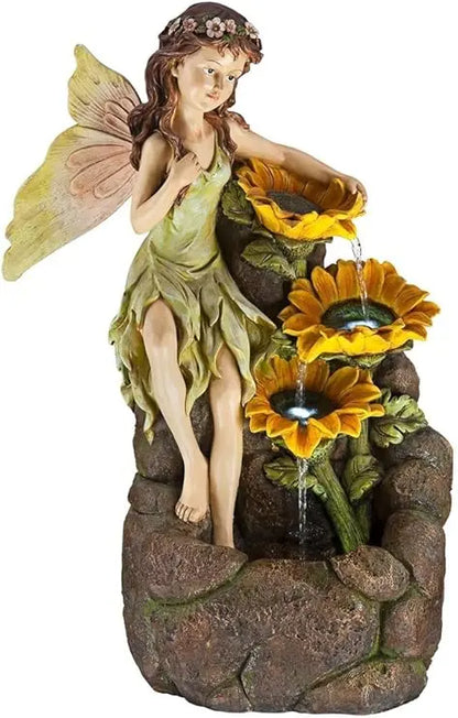 26" High Outdoor Garden Fairy with Sunflowers, Cascading Water, LED Lights for Garden, Patio, Backyard, Deck, and Home