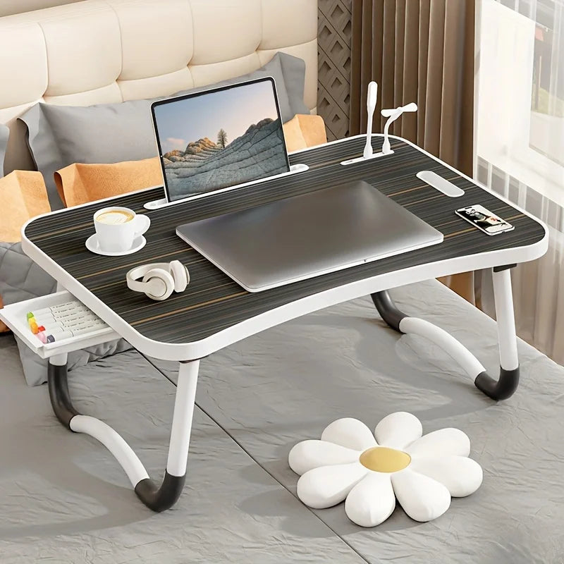 Portable Laptop Desk with USB Light, Small Fan, Cup Holder, Tablet Slot, and Lifting Handle - Foldable for Working,