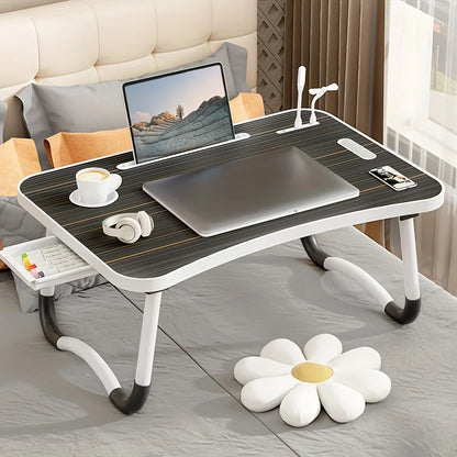 Portable Laptop Desk with USB Light, Small Fan, Cup Holder, Tablet Slot, and Lifting Handle - Foldable for Working,