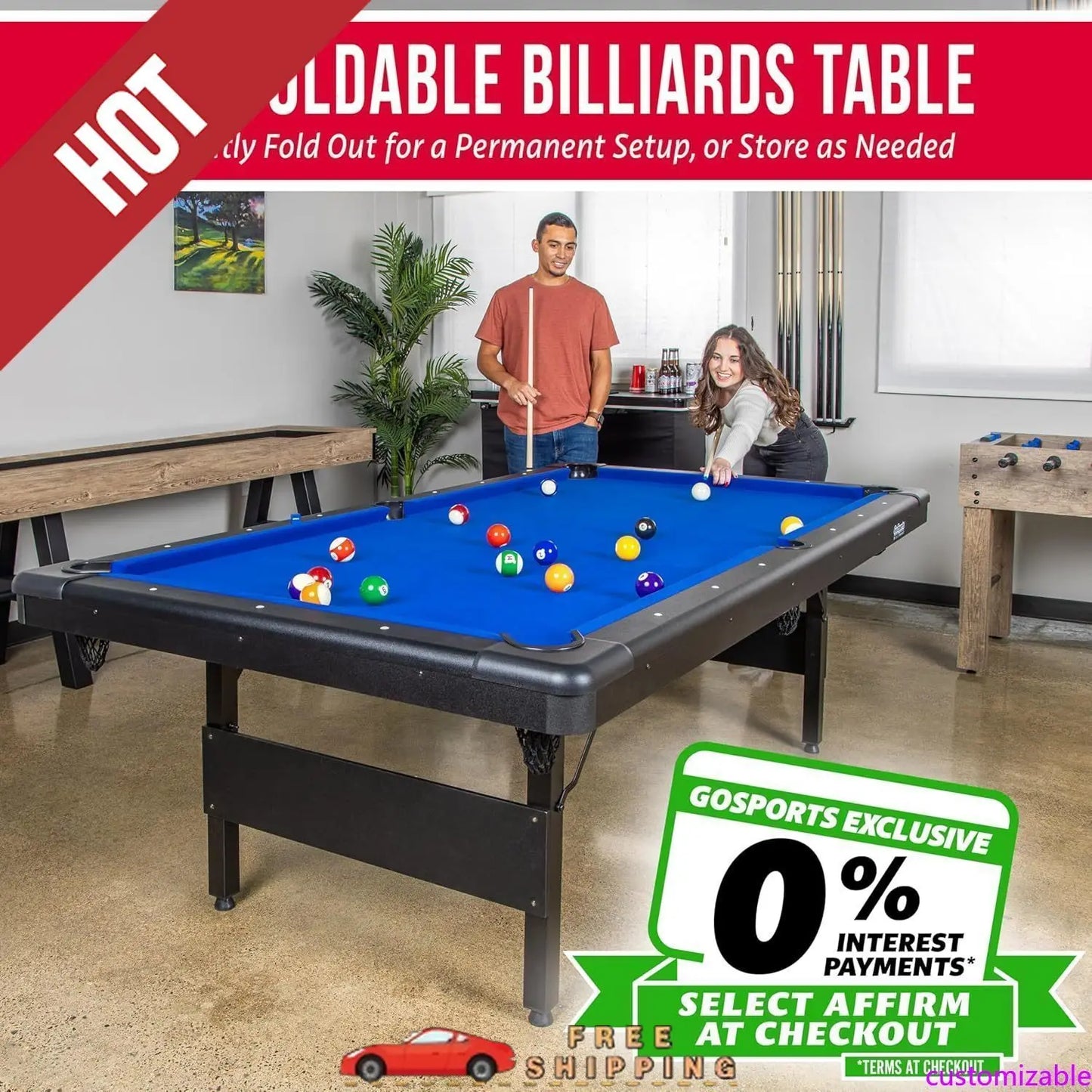Customizable Go Sports 6, 7 or 8 ft Billiards Tables - No Assembly, Choose Your Color - Portable Pool Table Includes Full Set of Balls