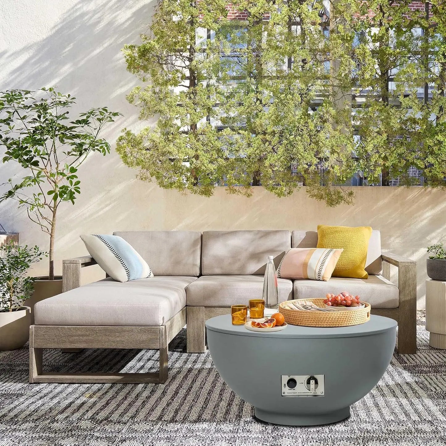 28-Inch Gas Fire Pit with Propane Tank Cover, 50,000 BTU Round Table, Pre-Attached 10FT Propane Hose, Gray