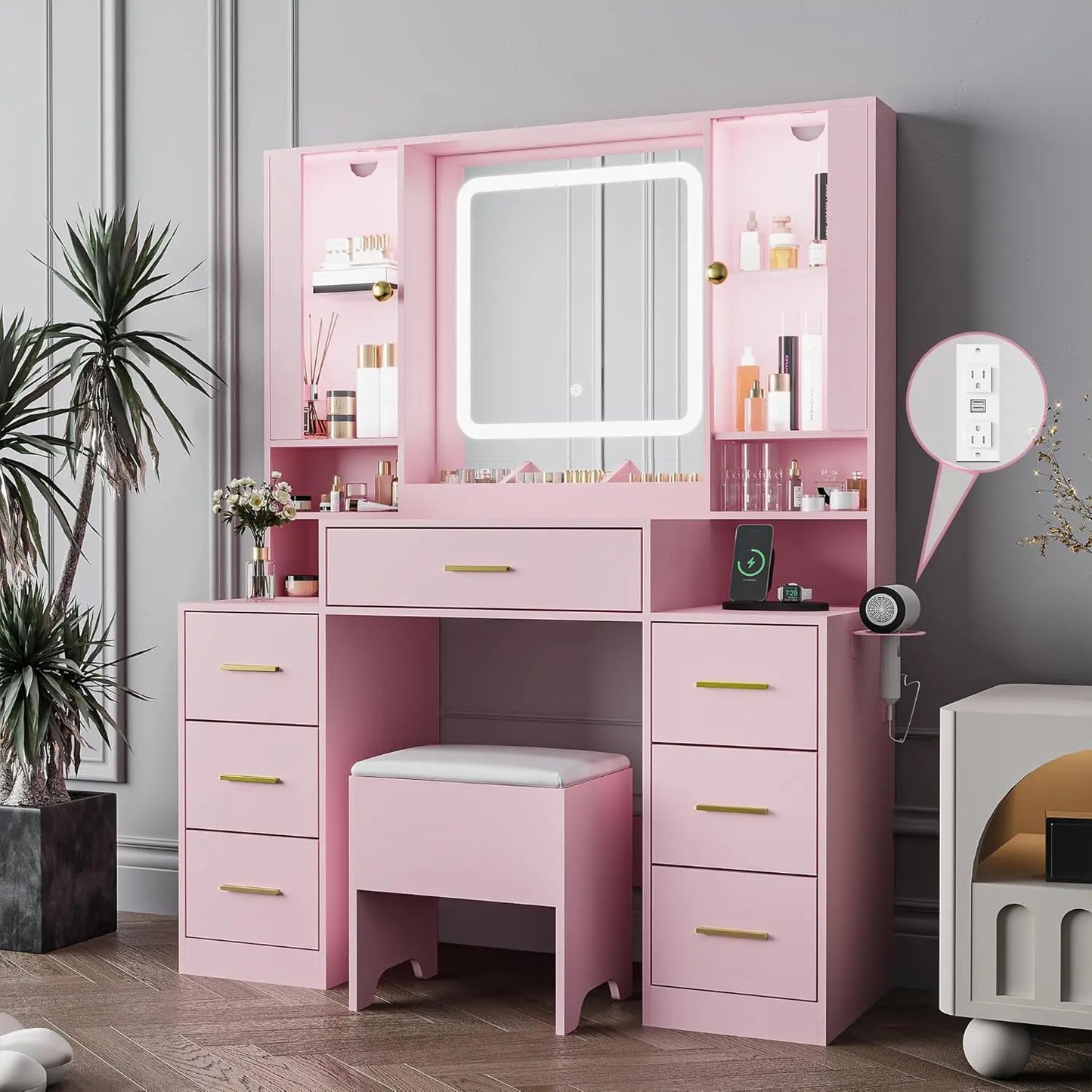 7 Drawer Makeup Vanity with LED Light Strip Mirror and Chair for your Teens