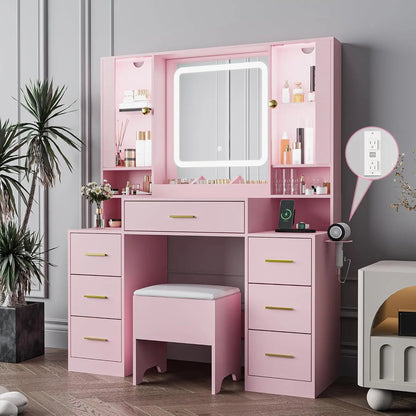 7 Drawer Makeup Vanity with LED Light Strip Mirror and Chair for your Teens