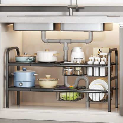 1 Set Multi-Use Under Sink Kitchen/Bathroom Sink Organizers with Expandable Storage Rack and Removable Baskets