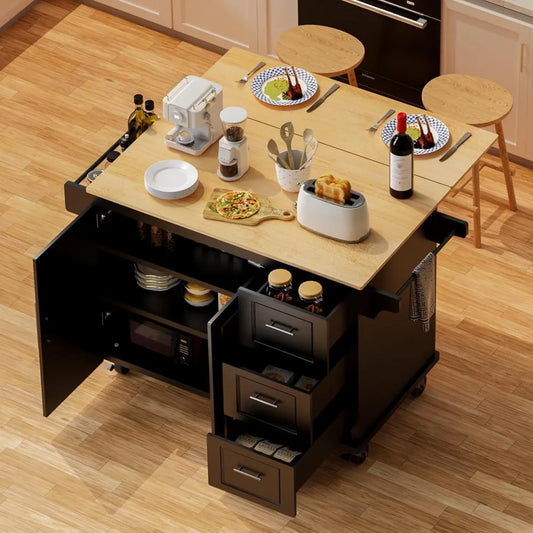 54" Large Rolling Kitchen Island Cart On Wheels with Drop Leaf 3 Drawers 1 Cabinet, Spice and Towel Rack Mobile Kitchen
