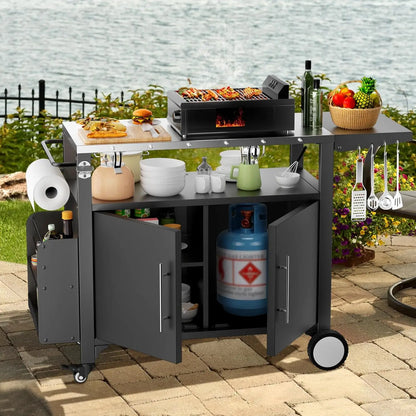 Outdoor Weatherproof Grill Cart Storage and Spice Rack Patio Kitchen Island with Wheels, Hooks .