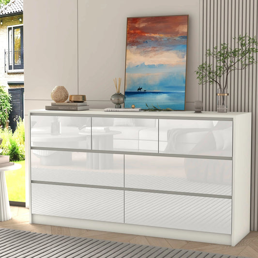 55 Inch Modern 7 Drawer Dresser with High Gloss Drawers, Large Wood Chest of Drawer for the Bedroom White/Black