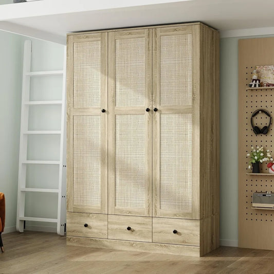 3-Door Rattan Wardrobe Armoire Closet with 3 Rattan Doors, 3 Drawers, Hanging Bar & 6 Shelves, Light Br