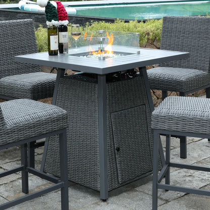 36" Outdoor Wicker Square Patio Bar High Fire Propane Gas with Glass Fire Beads