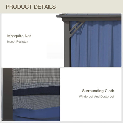 12'x16' Hardtop Galvanized Steel Metal Double Roof Gazebo with Curtains and Netting for Patios, Gardens, Navy and Blue
