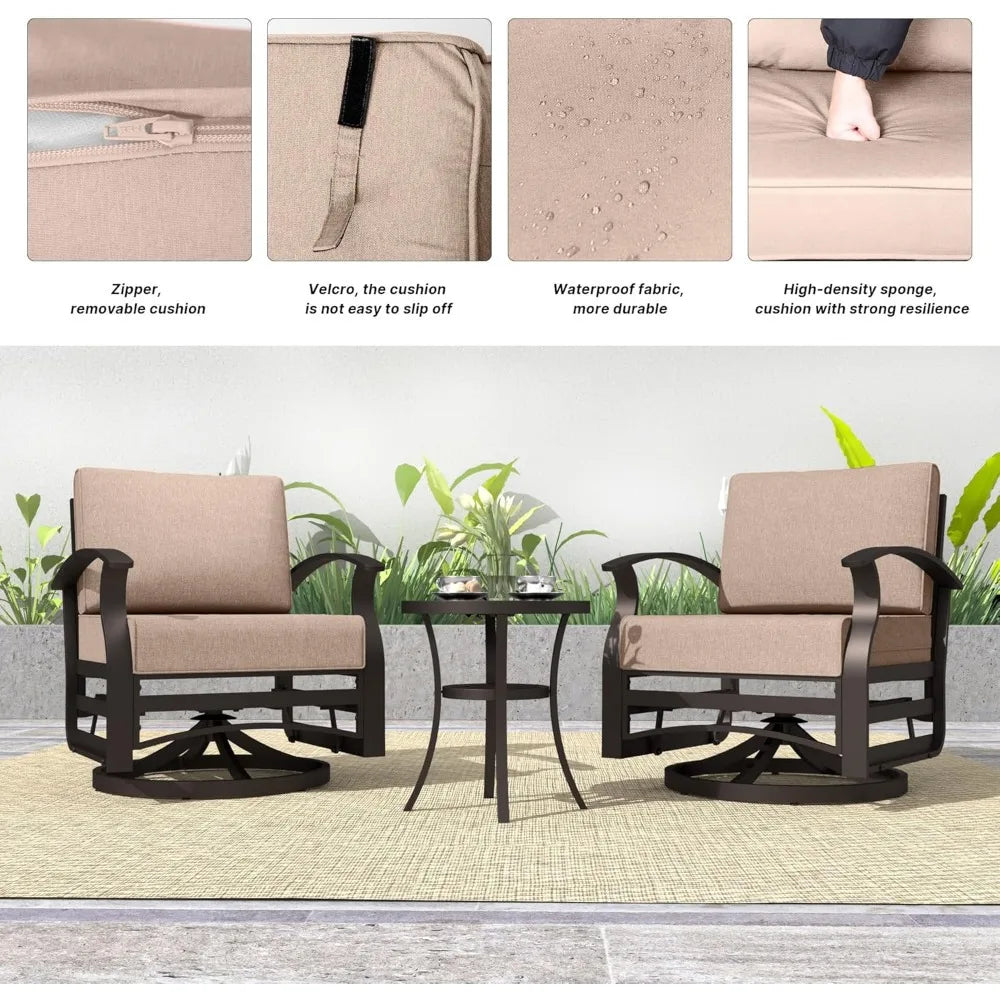 3 Pieces Outdoor Aluminum Swivel Glider Rockers Bistro Patio Set with Tempered Glass Side Table