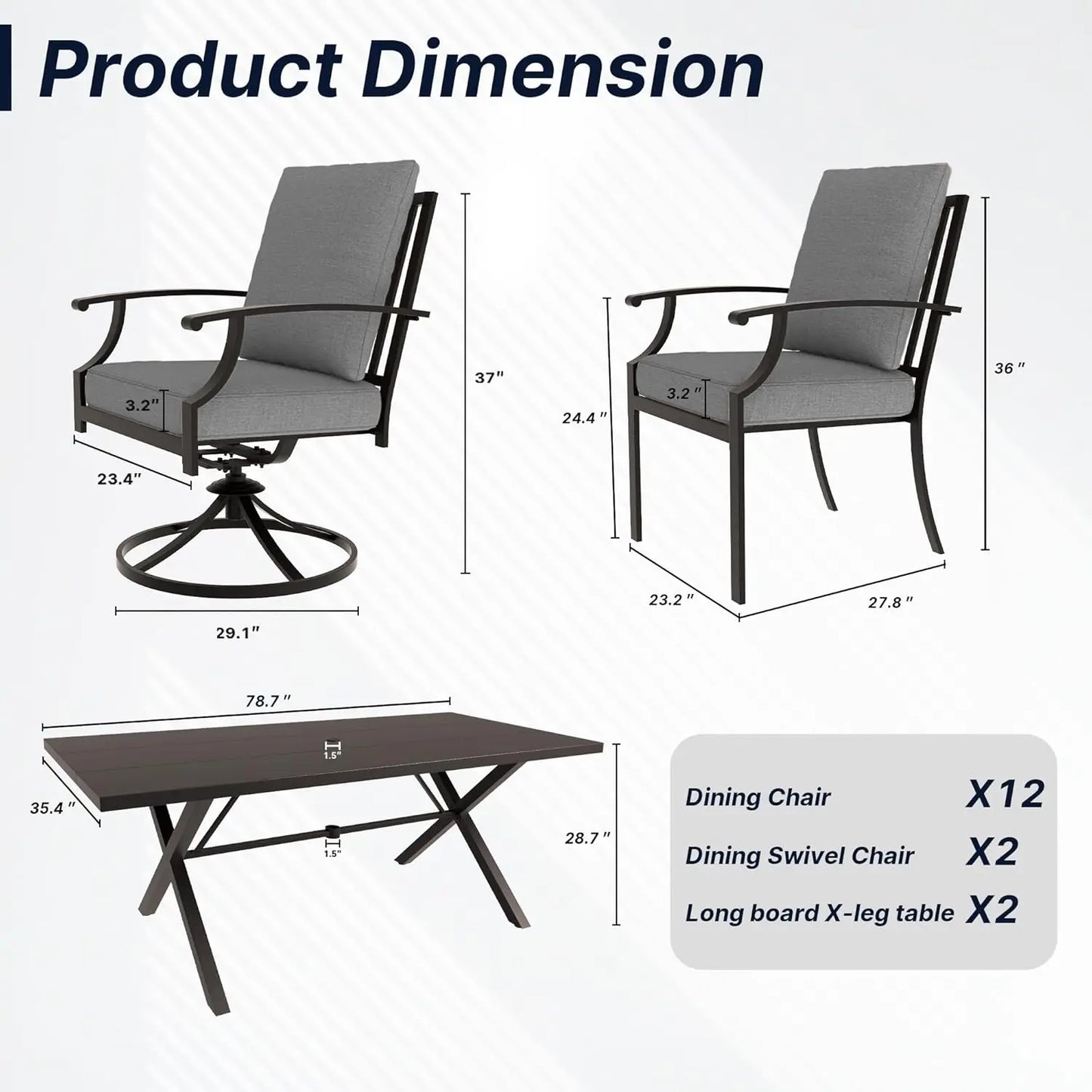 16 Pieces Outdoor Dining Table and Chairs Set with Grey Cushions