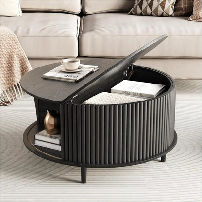 Modern Mid Century Round Coffee Table with Storage and Sliding Cabinet Door for the Living Room Home Center
